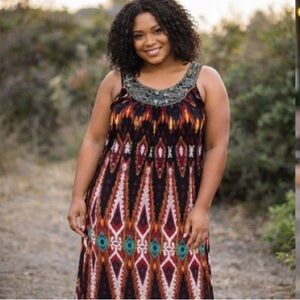 APT.9 Embellished Boho Sleeveless Ikat Dress Women's Large Beaded Neckline‎